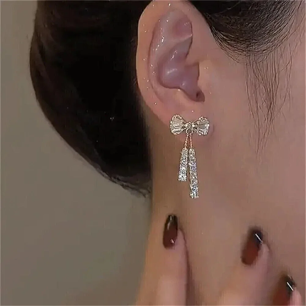New - Shiny Bowknot Crystal Drop Earrings Sparkling Cubic Zirconia Long Tassel